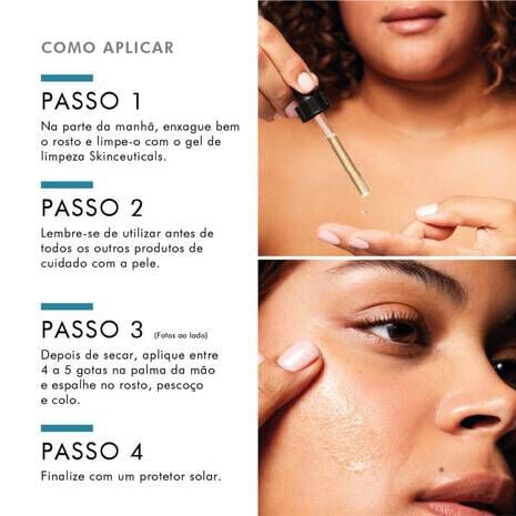 Modo de aplicacao serum facial antioxidante com vitamina C pura C E Ferulic de SkinCeuticals
